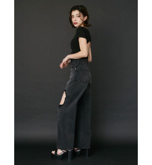 EVRIS「スクエアダメージワイドパンツ」|デニム|