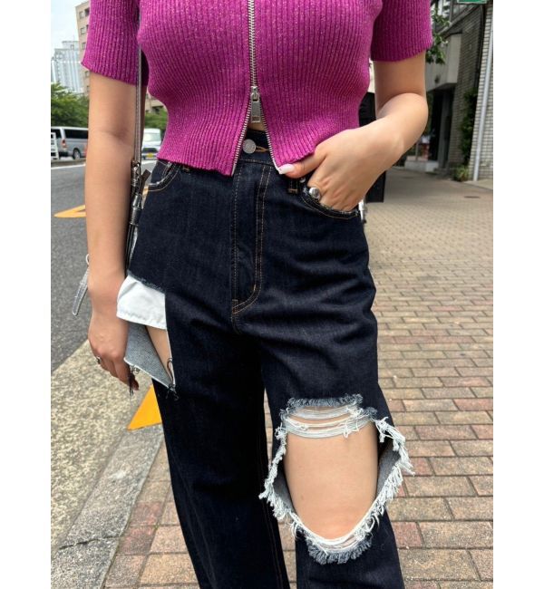 EVRIS「スクエアダメージワイドパンツ」|デニム|