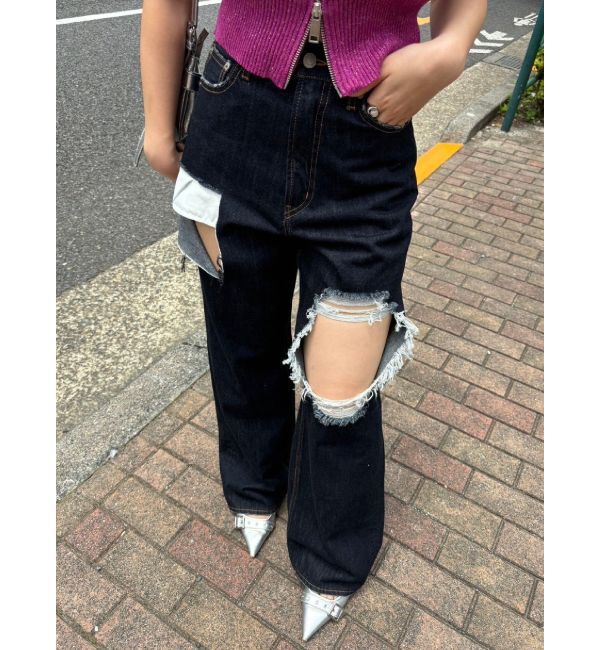 EVRIS「スクエアダメージワイドパンツ」|デニム|