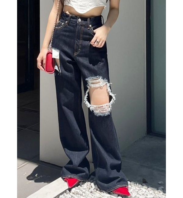 EVRIS「スクエアダメージワイドパンツ」|デニム|インディゴ