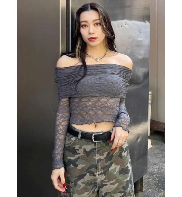 EVRIS「レースオフショルカットトップス」|Tシャツ・カットソー|グレー