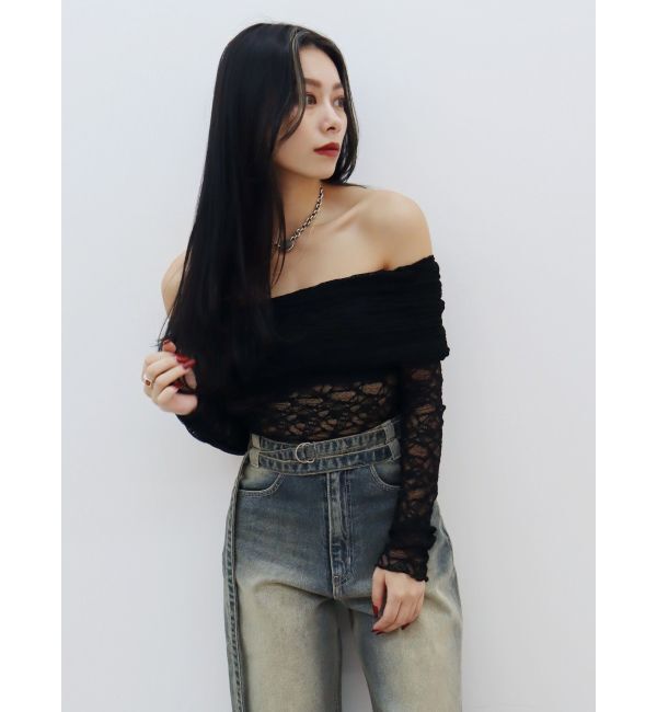EVRIS「レースオフショルカットトップス」|Tシャツ・カットソー|ブラック