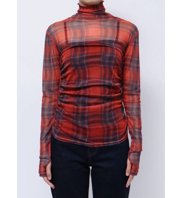 jouetie「チェックパターンギャザーシアートップス」|Tシャツ・カットソー|