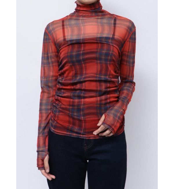 jouetie「チェックパターンギャザーシアートップス」|Tシャツ・カットソー|