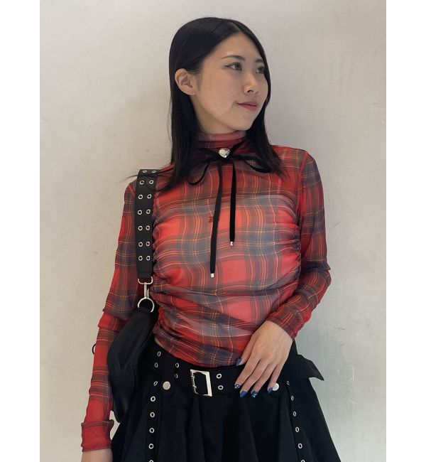 jouetie「チェックパターンギャザーシアートップス」|Tシャツ・カットソー|