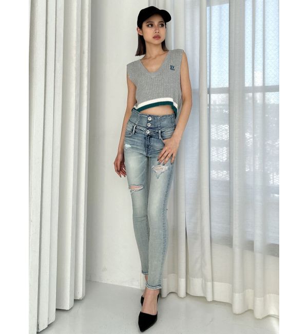 GYDA「ハイウエストバッククロスダメージスキニーデニムパンツ」|デニム|