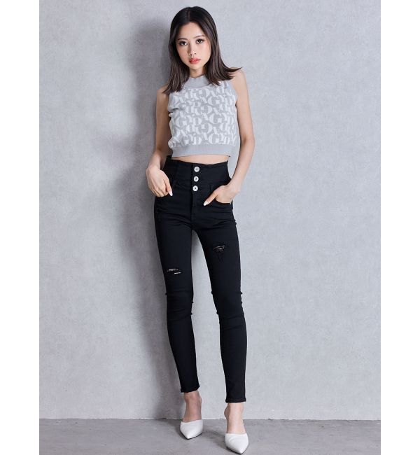 GYDA「ハイウエストバッククロスダメージスキニーデニムパンツ」|デニム|