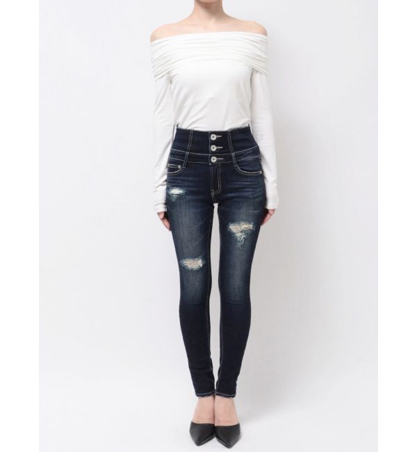 GYDA「ハイウエストバッククロスダメージスキニーデニムパンツ」|デニム|