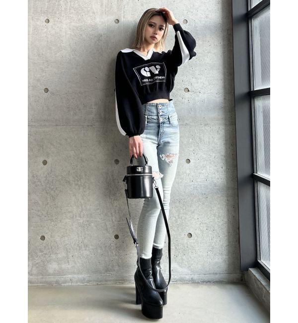 GYDA「ハイウエストバッククロスダメージスキニーデニムパンツ」|デニム|