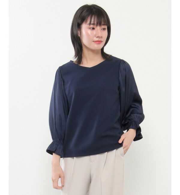 IKKA LOUNGE「袖プリーツカットジョーゼット」|Tシャツ・カットソー|ネイビー