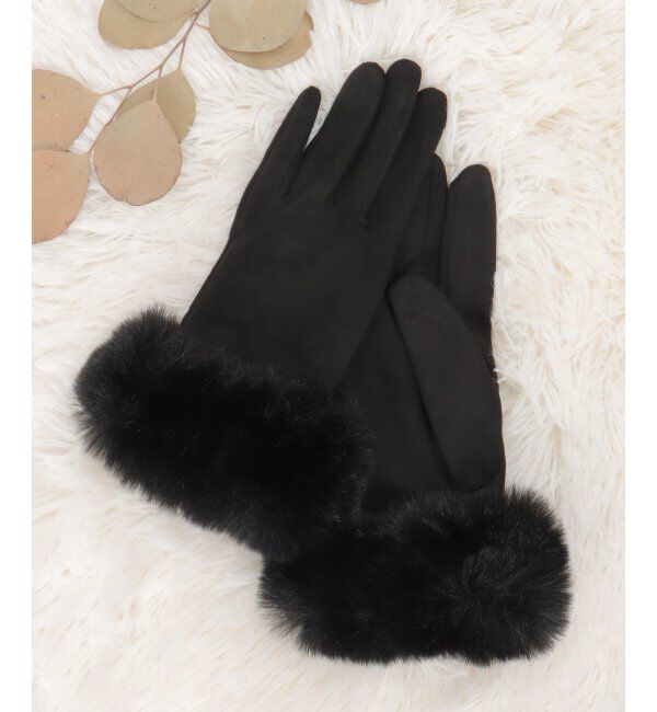 ikka「エコスエードフェイクファー付きグローブ」|手袋|ブラック