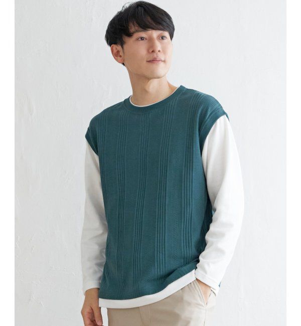 ikka「ヘリンボンジャカードフェイクベストロンT」|Tシャツ・カットソー|グリーン