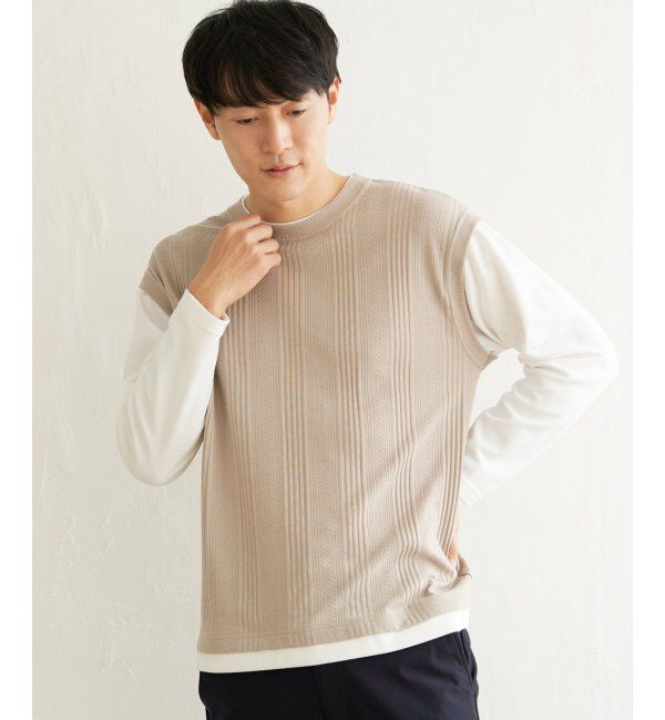 ikka「ヘリンボンジャカードフェイクベストロンT」|Tシャツ・カットソー|ベージュ