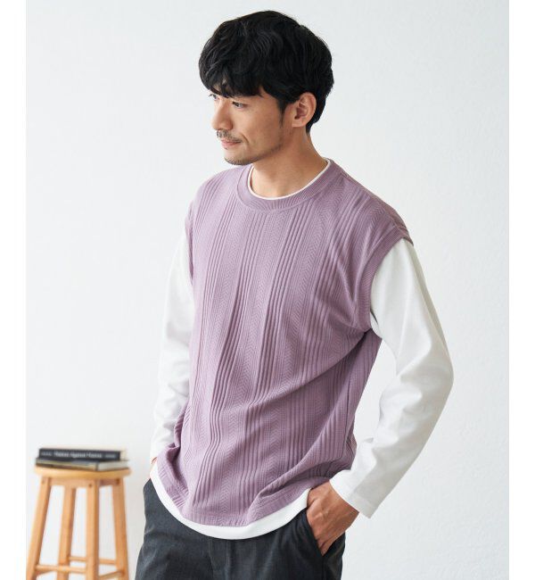 ikka「ヘリンボンジャカードフェイクベストロンT」|Tシャツ・カットソー|ピンク