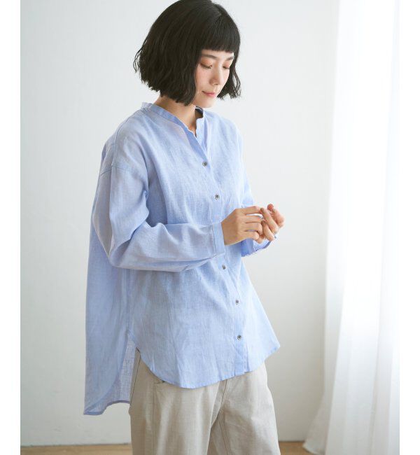Lbc with Life「リネンコットンバンドカラーシャツ」|シャツ・ブラウス|スカイブルー