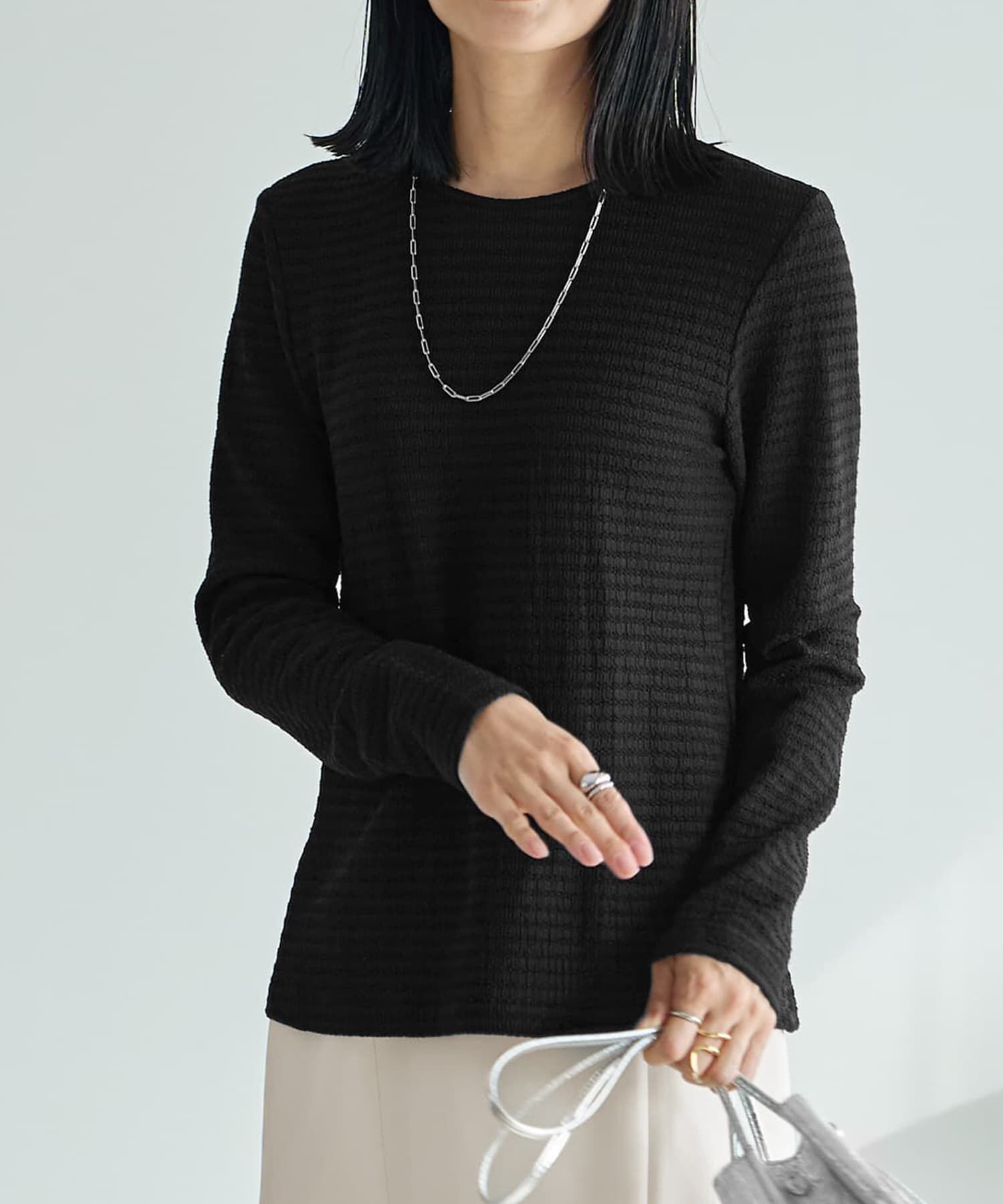 STYLE DELI「凹凸生地の長袖カットソートップス」|Tシャツ・カットソー|ブラック