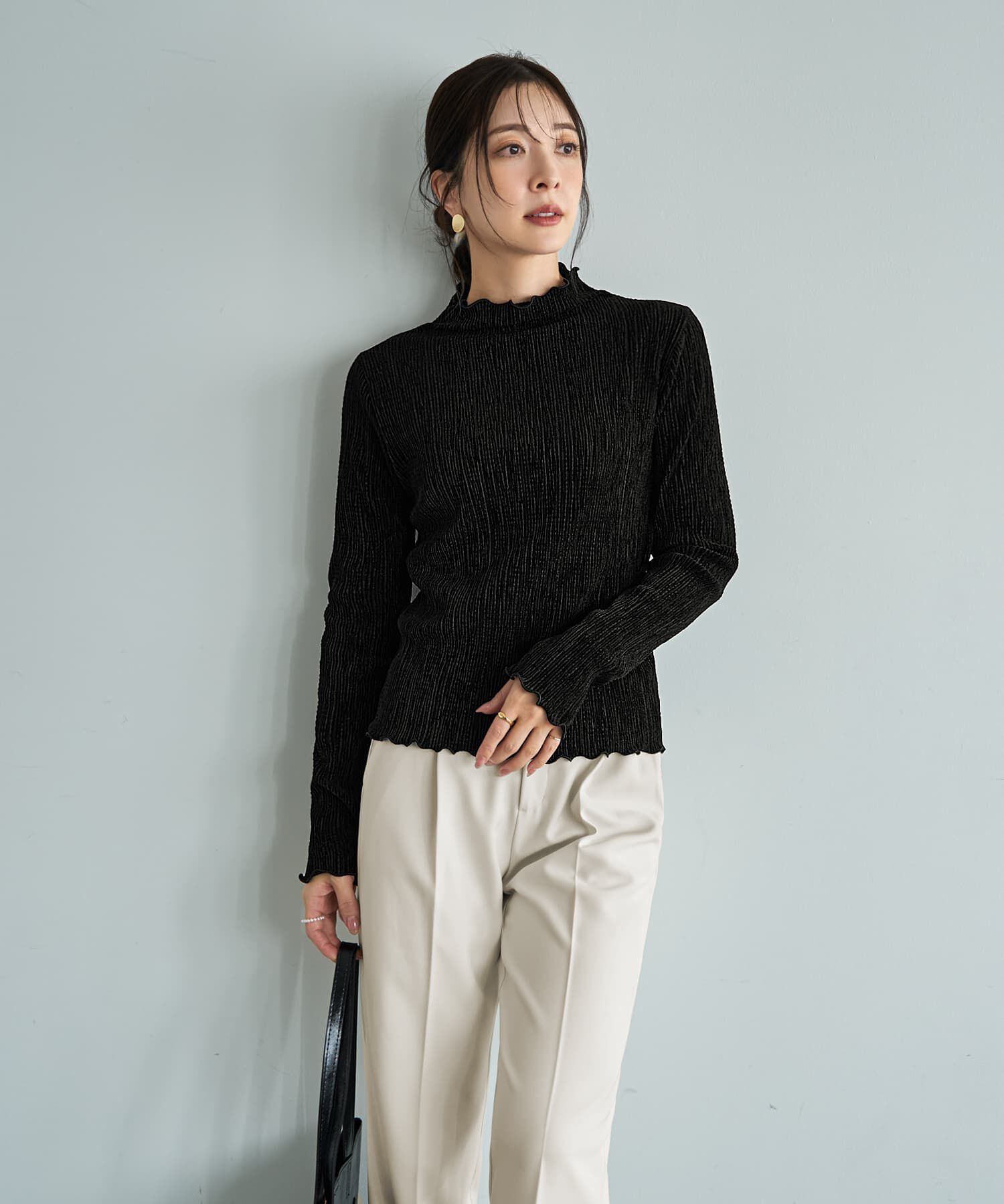 STYLE DELI「楊柳ベロア端っこメロウトップス」|Tシャツ・カットソー|ブラック