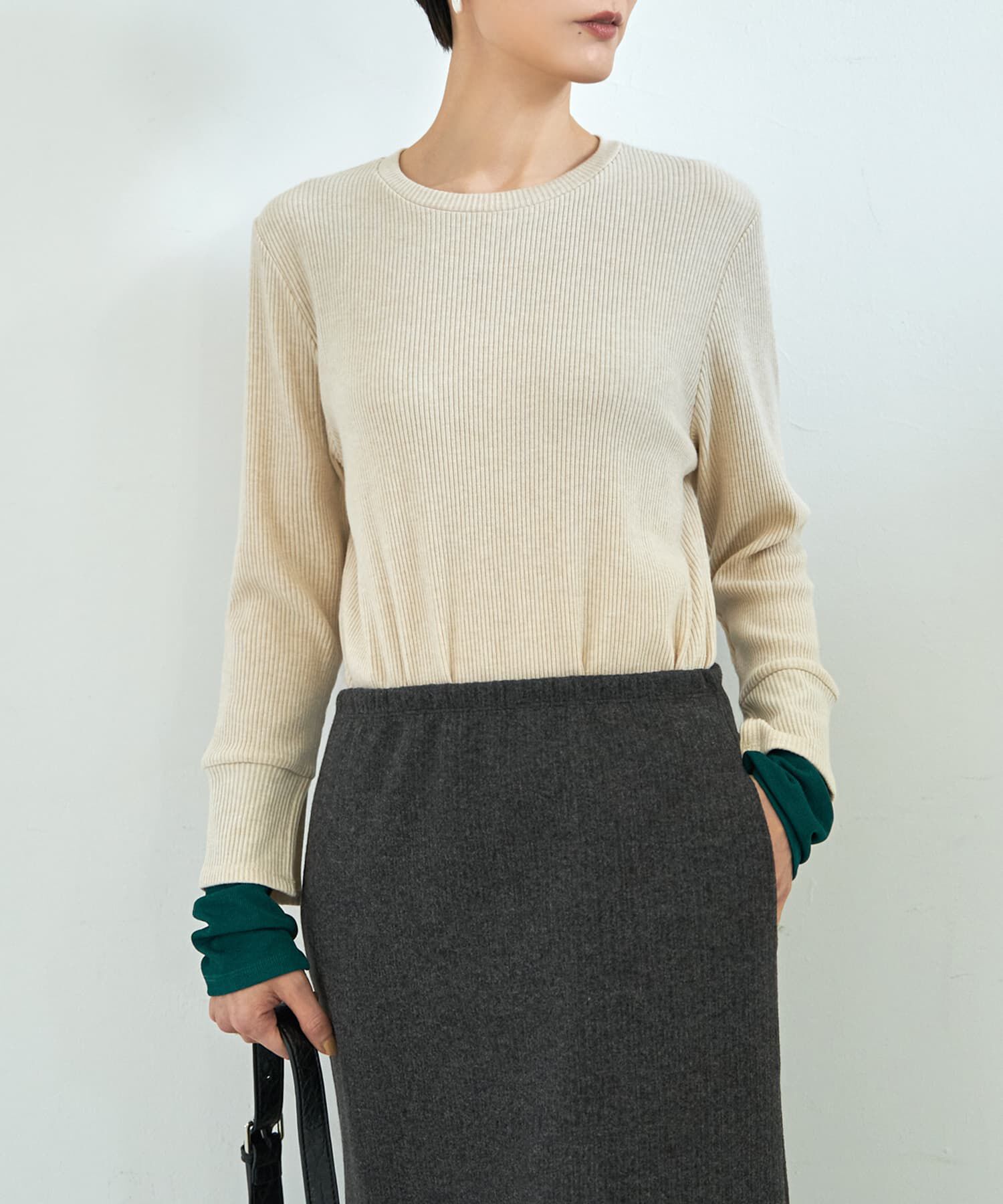 STYLE DELI「カラーレイヤードリブカットソートップス」|Tシャツ・カットソー|ベージュ&times;グリーン