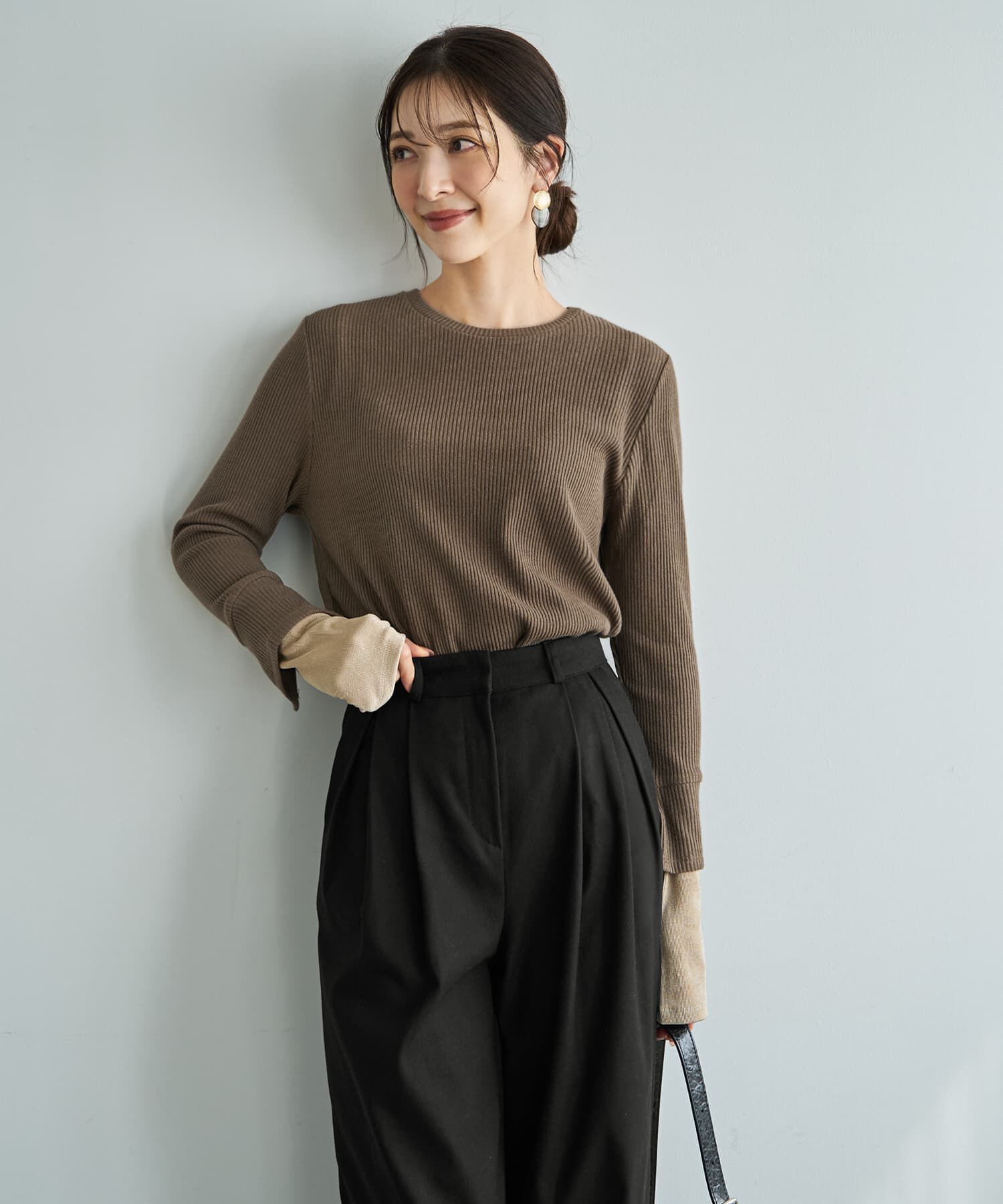 STYLE DELI「カラーレイヤードリブカットソートップス」|Tシャツ・カットソー|ブラウン&times;ベージュ