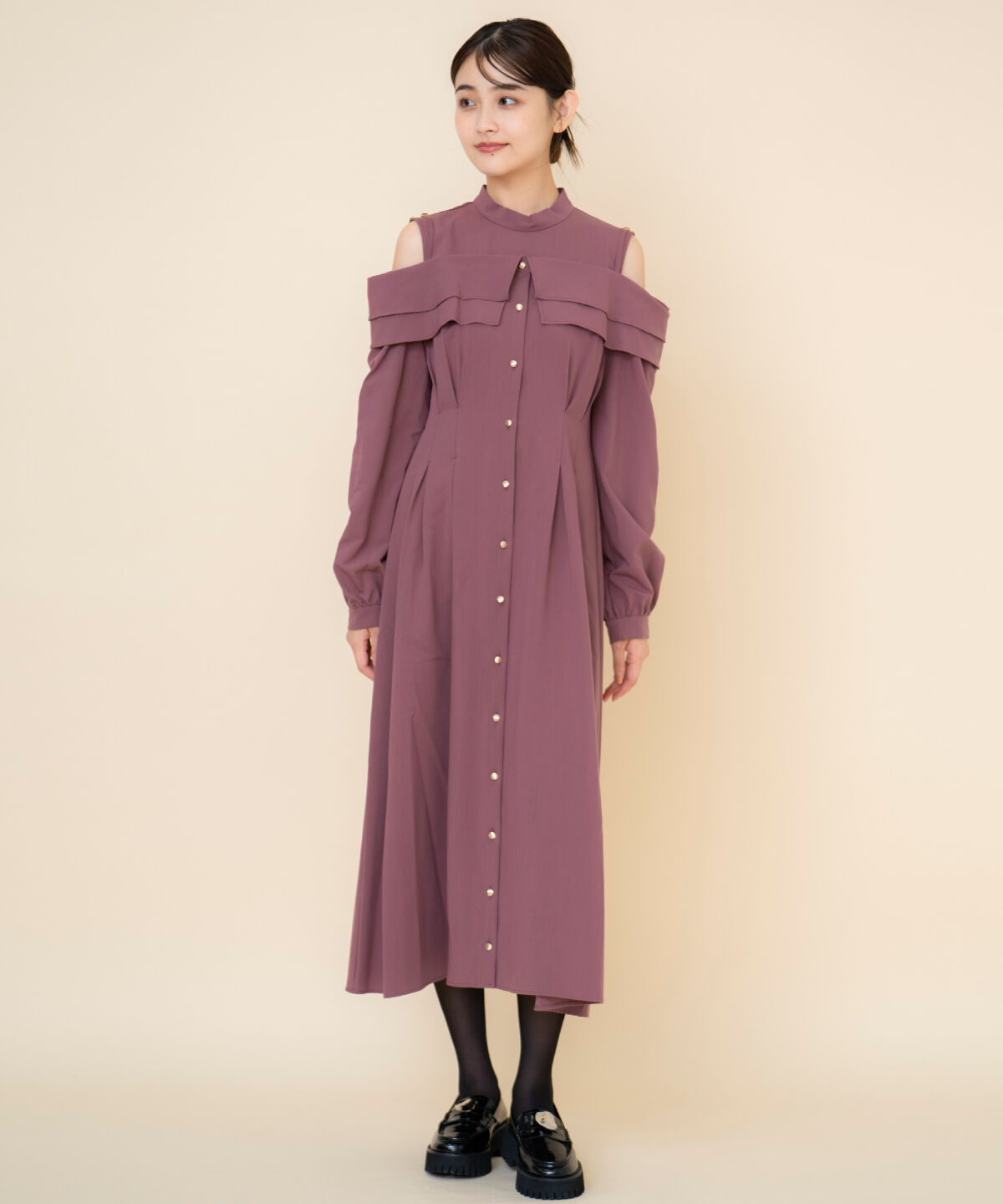 REDYAZEL「オープンショルダーシャツワンピース」|ワンピース|ボルドー