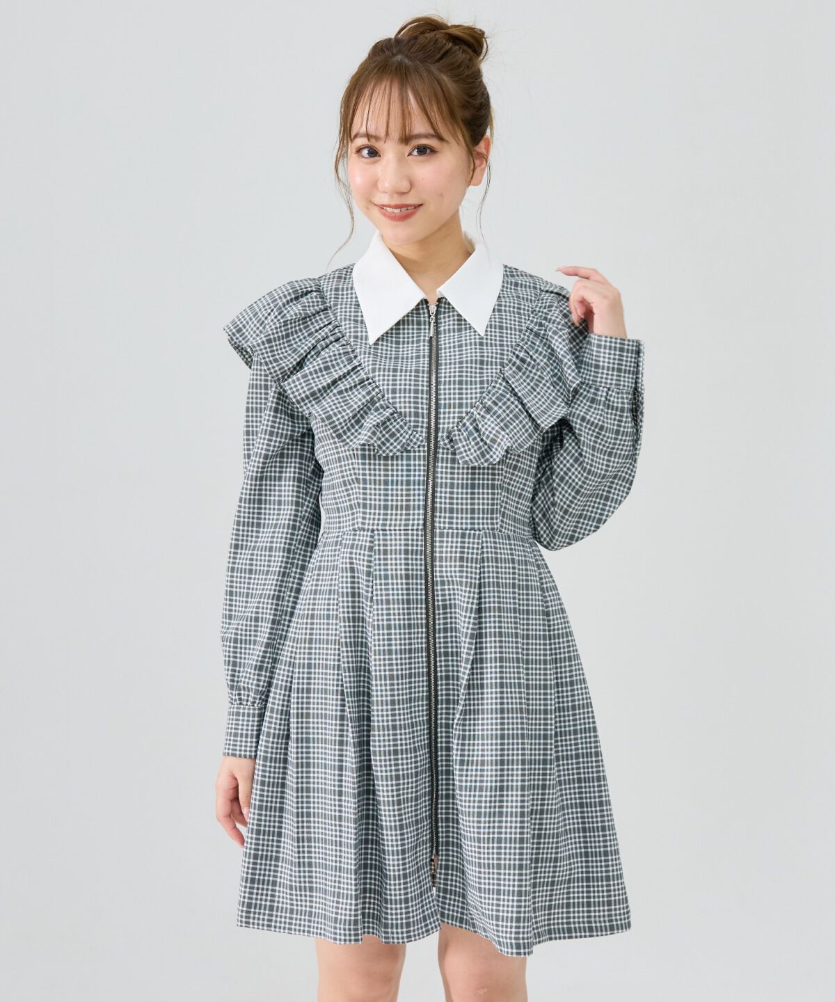 REDYAZEL「チェックフロントジップフリルミニシャツワンピース」|ワンピース|