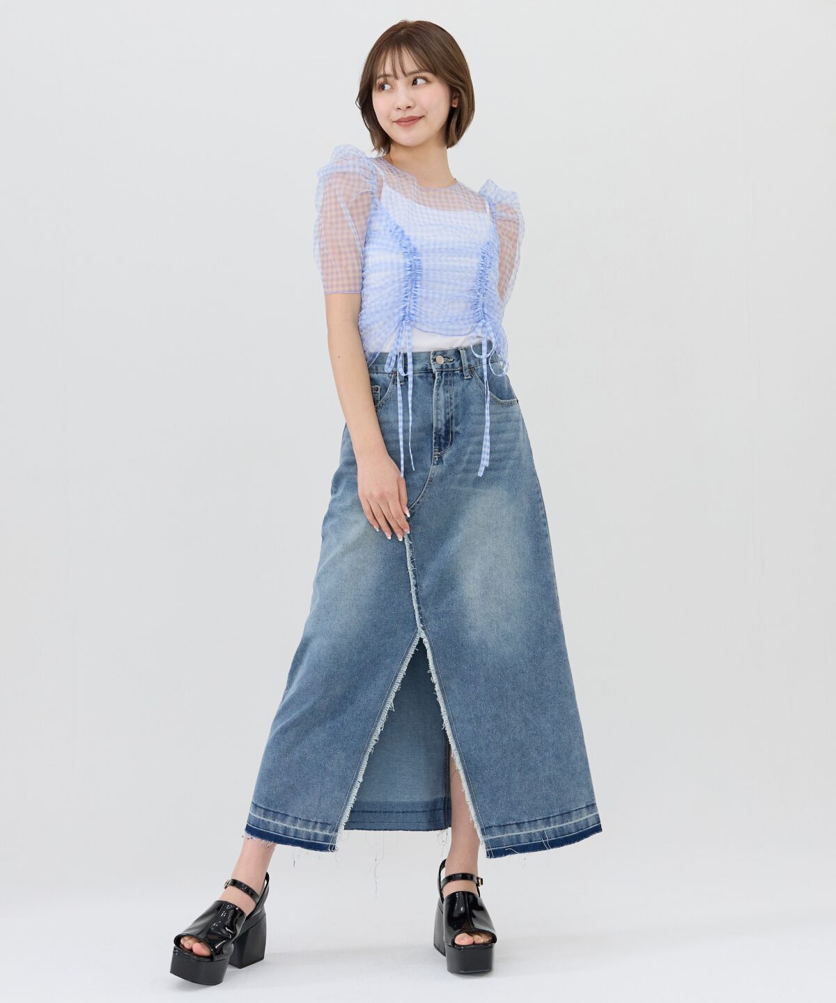 REDYAZEL「リメイク風フリンジヘムデニムロングスカート」|タイト|