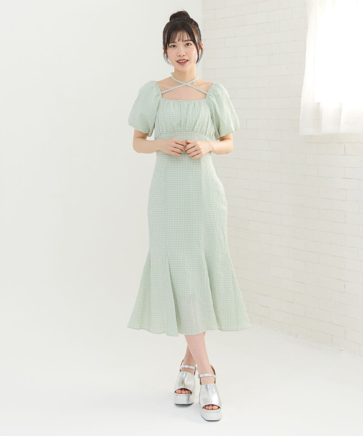 REDYAZEL「クロスリボンギンガムチェックマーメイドワンピース」|ワンピース|