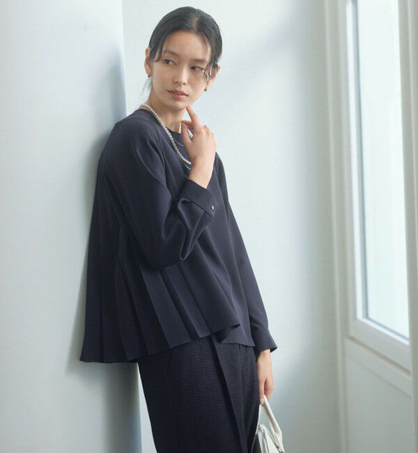 UNITED ARROWS green label relaxing「［size SHORTあり］パウドレ プリーツ ブラウス ウォッシャブル ストレッチ」|シャツ・ブラウス|NAVY