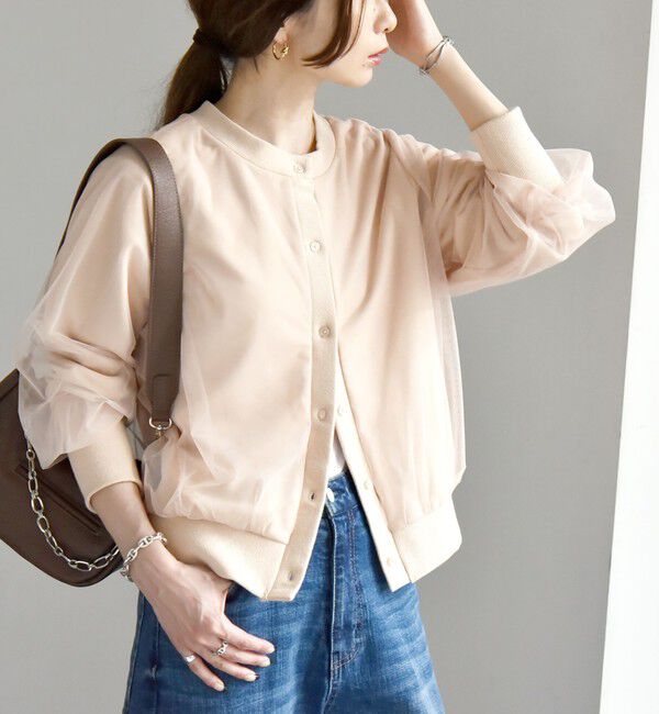 quaranciel「quaranciel:〈手洗い可能〉チュール ドッキング クルーネック カーディガン」|カーディガン|ベージュ