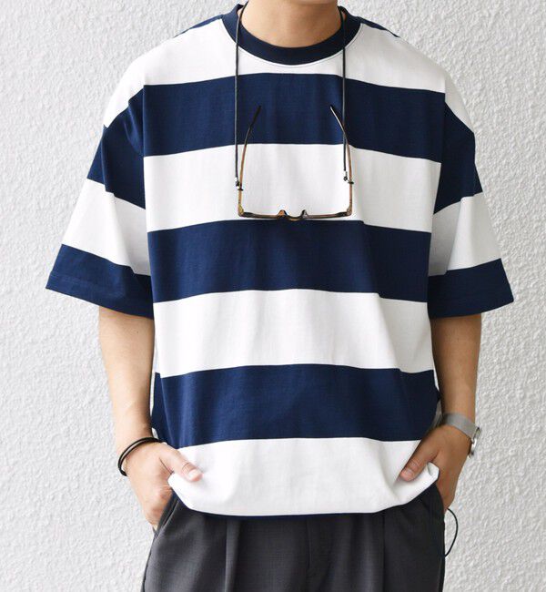 SHIPS any「SHIPS any: ワイド カラー ボーダー スピンドル Tシャツ◇」|Tシャツ・カットソー|ネイビー