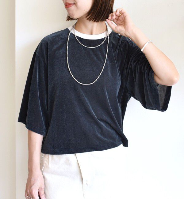 SHIPS for women「〈手洗い可能〉シアー トリコット ポリエステル ベロア 五分袖 ワイド TEE」|Tシャツ・カットソー|