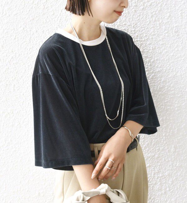 SHIPS for women「〈手洗い可能〉シアー トリコット ポリエステル ベロア 五分袖 ワイド TEE」|Tシャツ・カットソー|