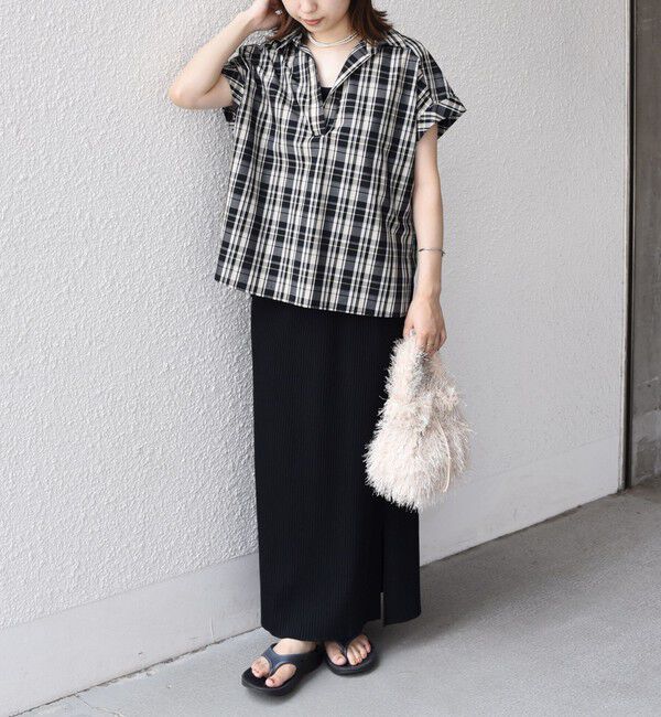 SHIPS Colors 「innowave:〈手洗い可能〉TC チェック スキッパー フレンチスリーブ ブラウス」|シャツ・ブラウス|