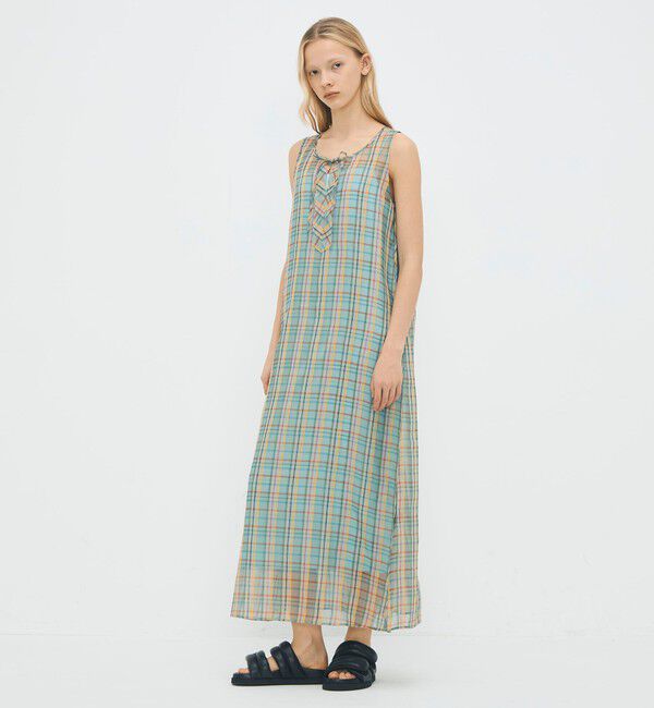 CABaN「リネンシルクオーガンジーチェック フロンタブルワンピース」|ワンピース|