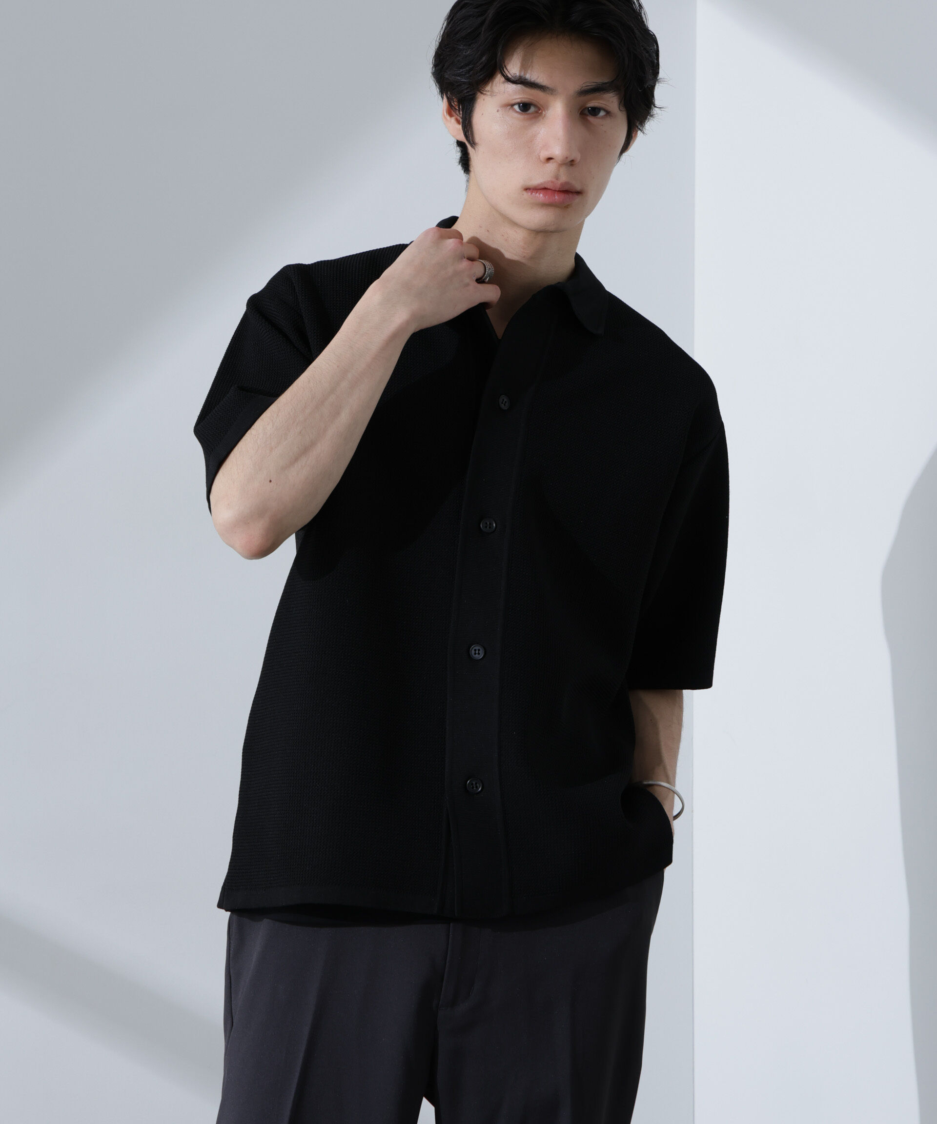 nano･universe「エアーニットレギュラーカラーシャツ 半袖」|ニット・セーター|