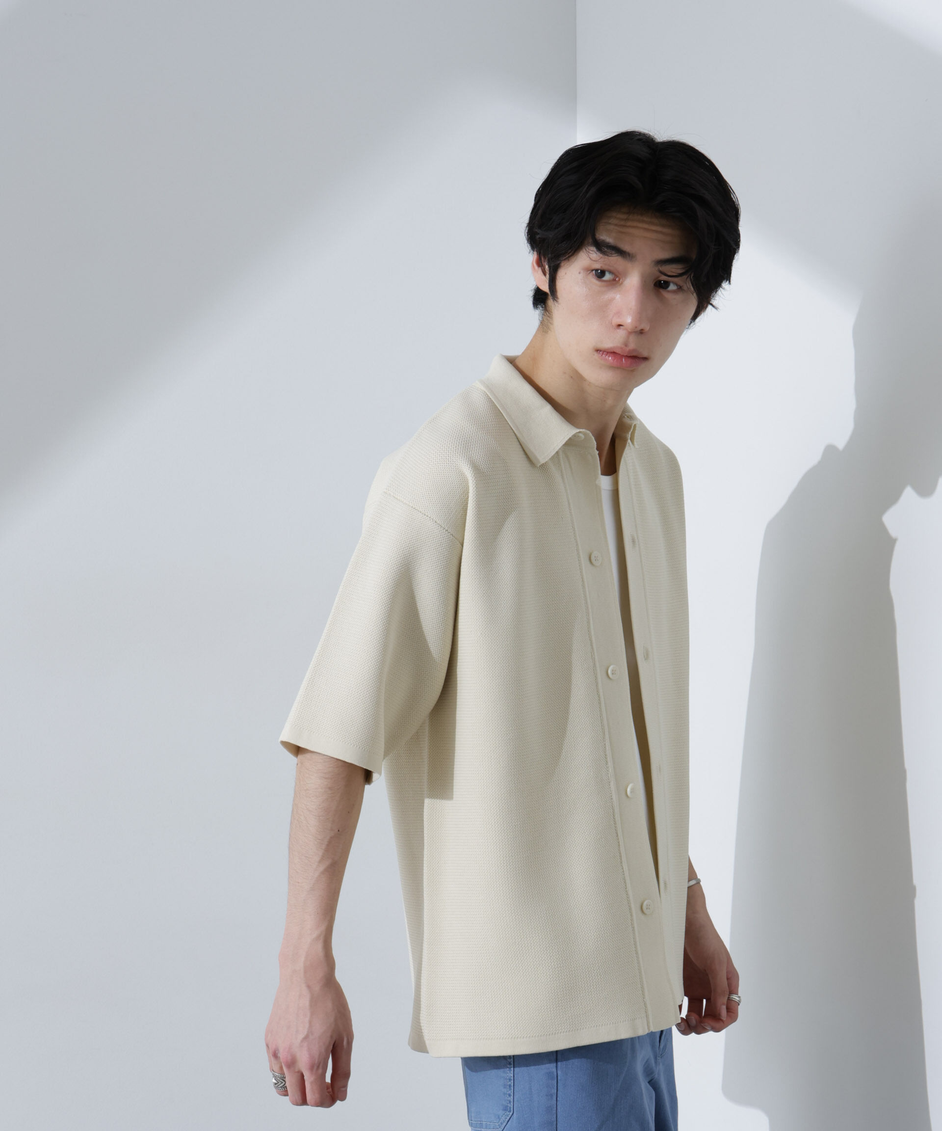 nano･universe「エアーニットレギュラーカラーシャツ 半袖」|ニット・セーター|