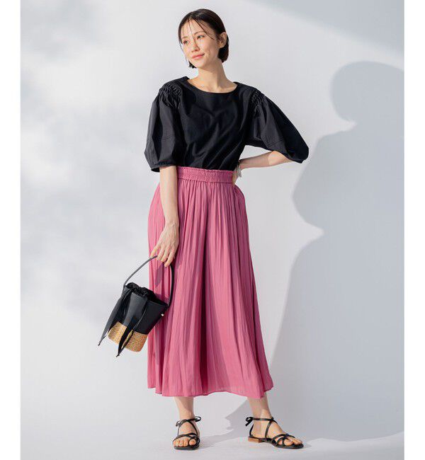 自由区「【洗える】コンビネーションシャーティング パフスリーブ カットソー」|Tシャツ・カットソー|