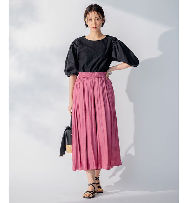 自由区「【洗える】コンビネーションシャーティング パフスリーブ カットソー」|Tシャツ・カットソー|