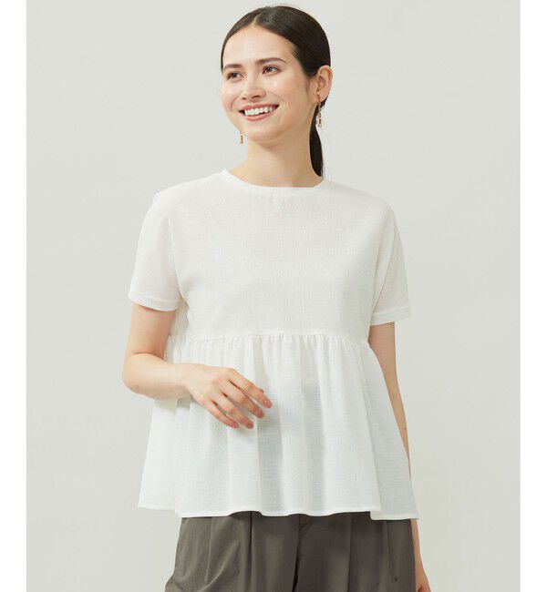 自由区「【洗える】リネンサッカーコンビペプラム カットソー」|Tシャツ・カットソー|オフホワイト