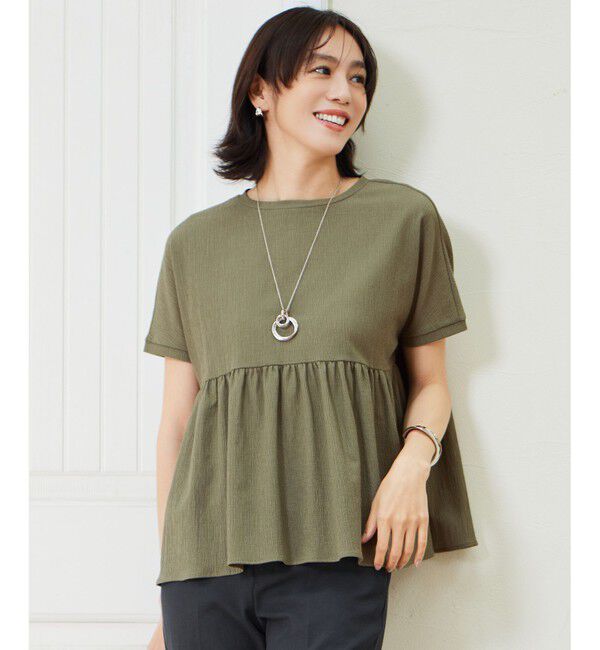 自由区「【洗える】リネンサッカーコンビペプラム カットソー」|Tシャツ・カットソー|オリーブ