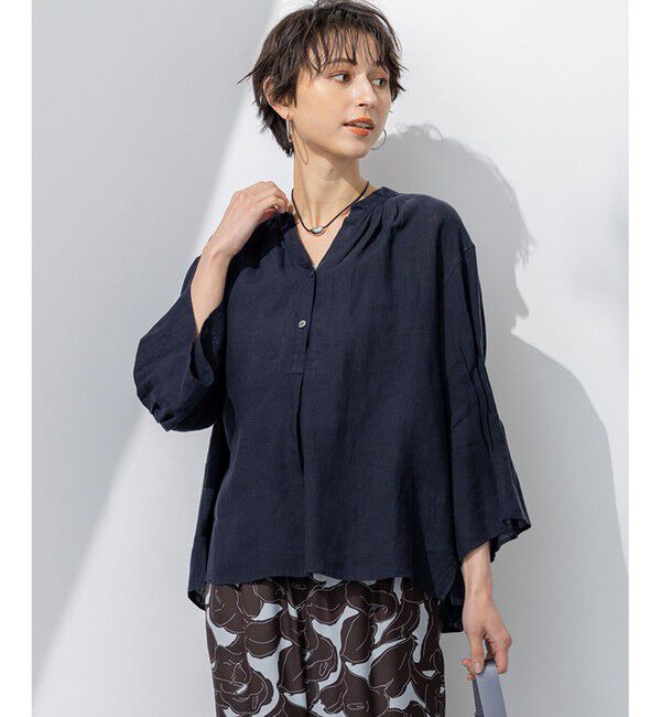 23区「【洗える】LIBECO タックスリーブ シャツ」|シャツ・ブラウス|ネイビー