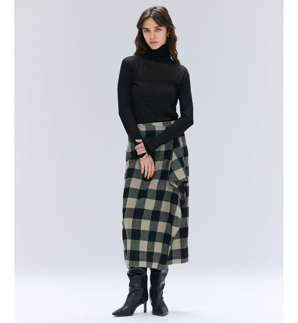 BEIGE,「HOBBS / フェイクレザーポケットウールチェックラップスカート」|スカート|