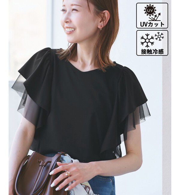 Rope&rsquo;Picnic「【UVカット・接触冷感】Cutee チュールフリルトップス」|Tシャツ・カットソー|ブラック(01)