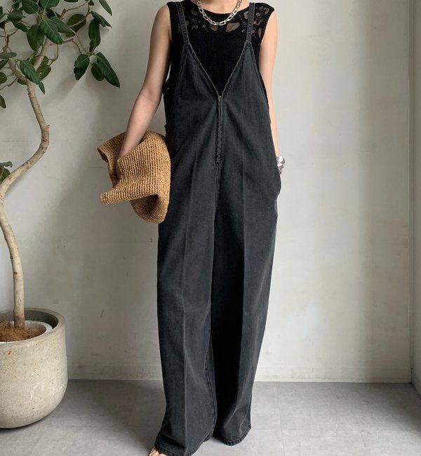  「細紐デニムフロントジップサロペット」|ワンピース|