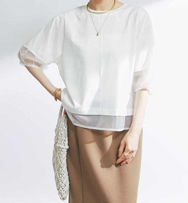  「《着映え力抜群》ドライタッチコットンシアーランタンスリーブT」|Tシャツ・カットソー|オフホワイト