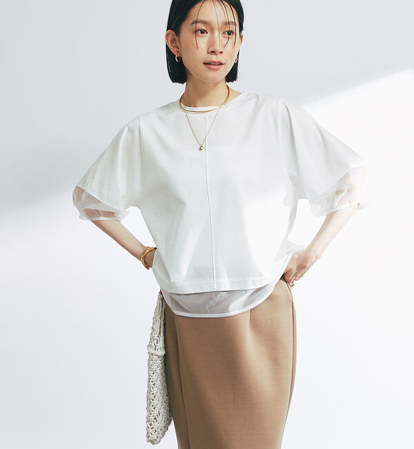  「《着映え力抜群》ドライタッチコットンシアーランタンスリーブT」|Tシャツ・カットソー|