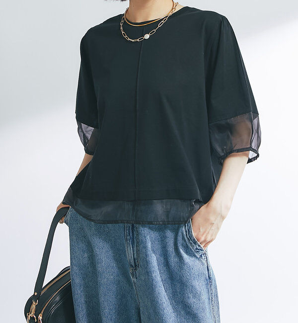  「《着映え力抜群》ドライタッチコットンシアーランタンスリーブT」|Tシャツ・カットソー|ブラック