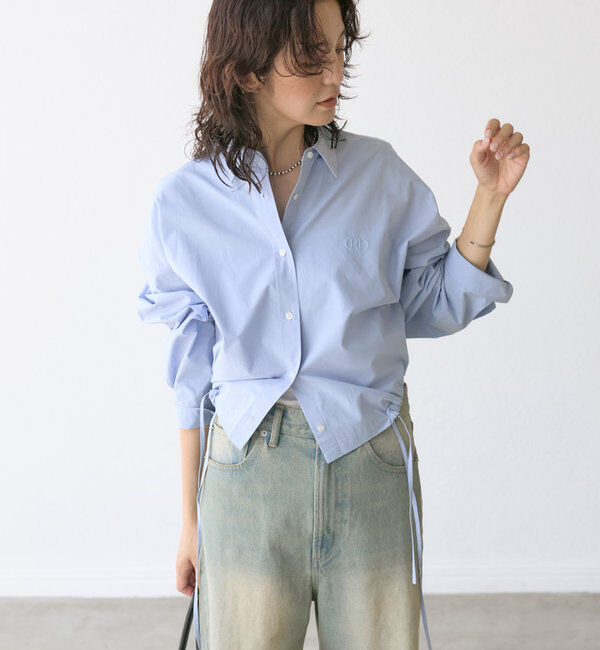  「【トレンドライクなデザイン】ロゴ刺繍ショートシャツ」|シャツ・ブラウス|サックスブルー