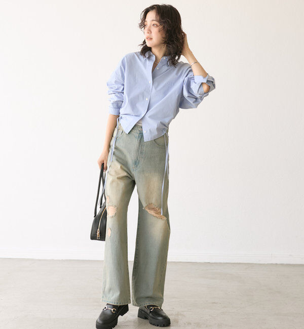  「【トレンドライクなデザイン】ロゴ刺繍ショートシャツ」|シャツ・ブラウス|