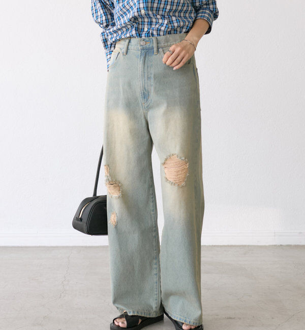  「【MONN.:.(モン)】ハイライズダメージDENIM」|デニム|スカイブルー